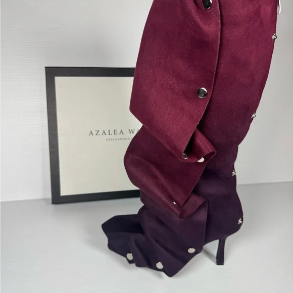 Azalea Wang Imogine Purple Ruched Knee High Boots Stud Snap Stiletto Multiple Sz - Picture 2 of 7